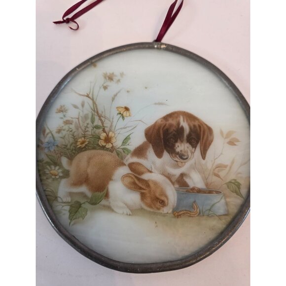 Vintage Round Stained Glass Hanging Decoration With Puppy & Bunny Suncatcher - Picture 2 of 4